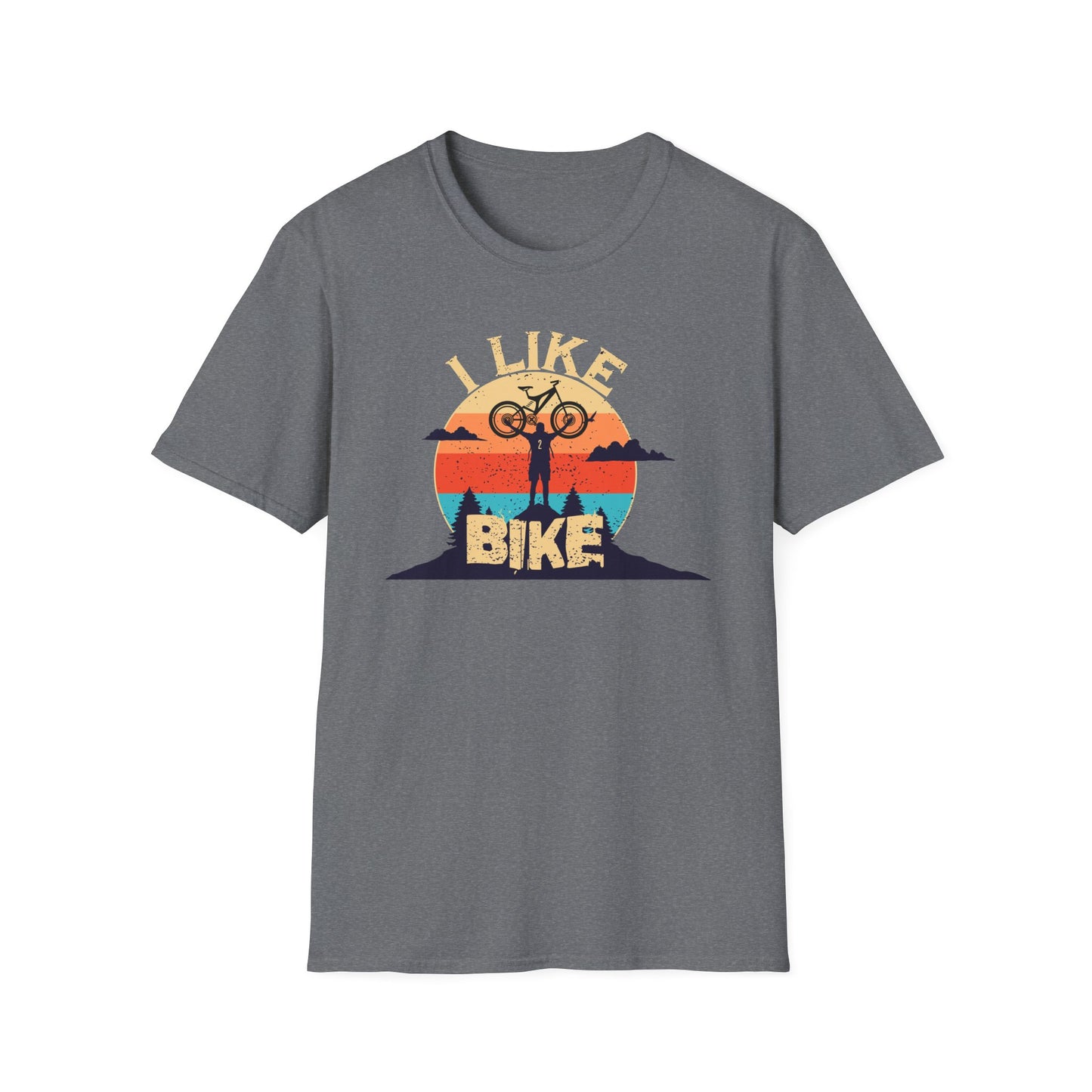 I like bike graphic t-shirt depicting a person holding a bike over their head on top of a hill with a retro sun in the background, shirt color grey.