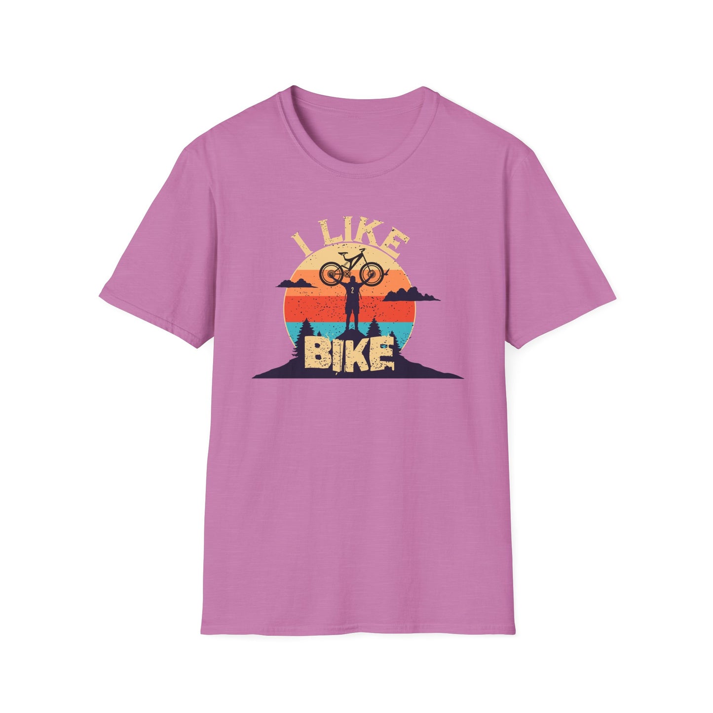 I like bike graphic t-shirt depicting a person holding a bike over their head on top of a hill with a retro sun in the background, shirt color pink.