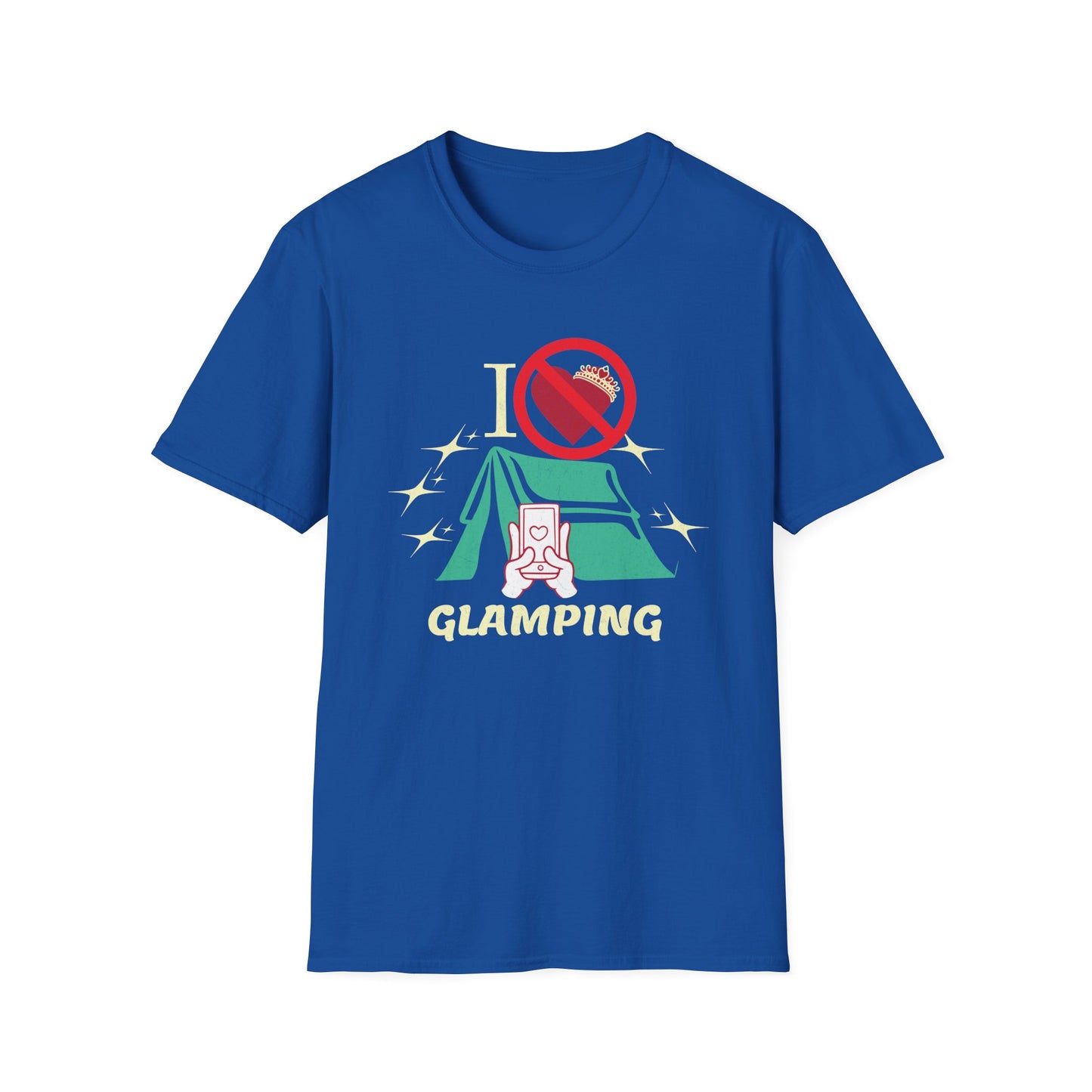 I Hate Glamping graphic T-shirt with fancy script, sparkles, and a tent on a blue shirt.