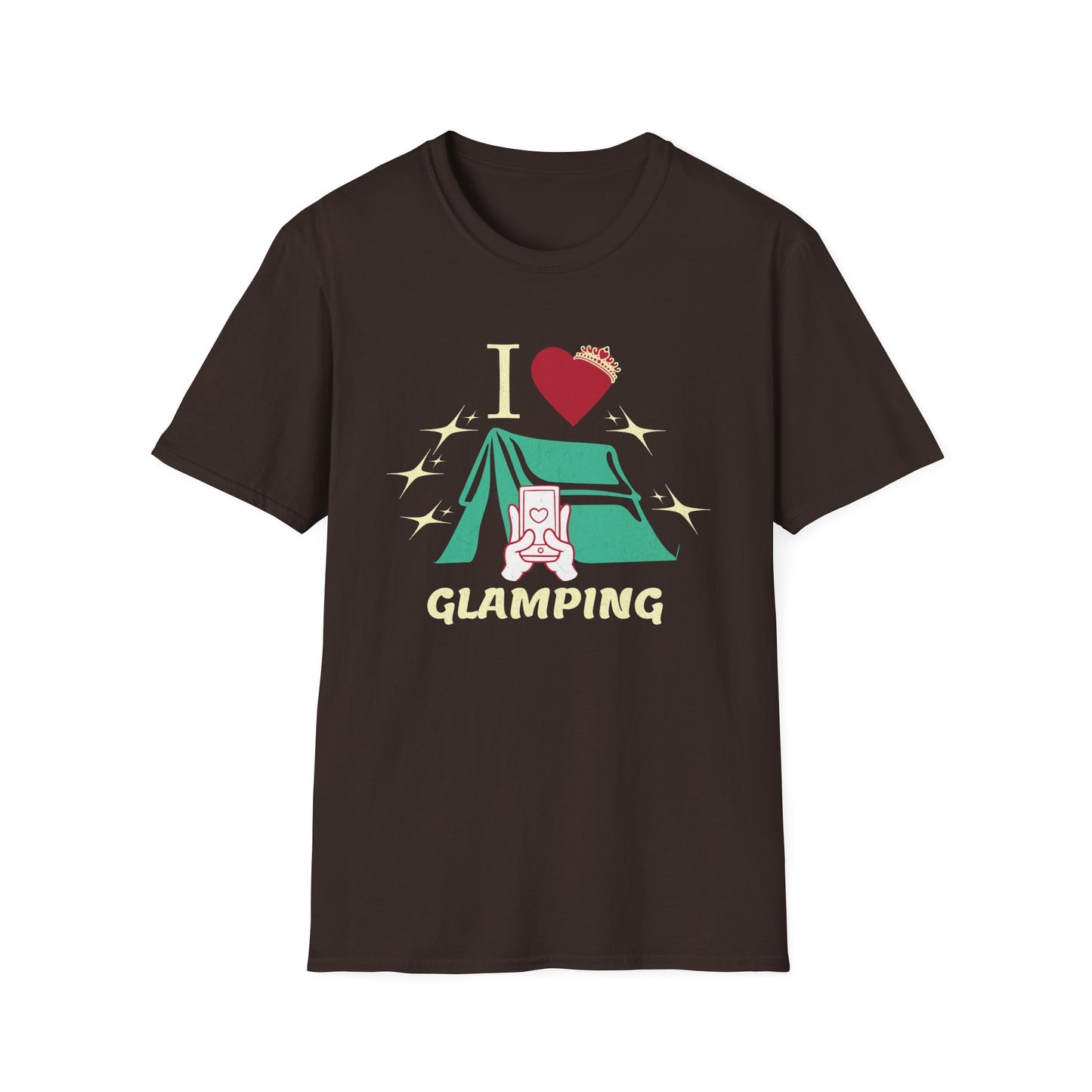 I Love Glamping graphic T-shirt with fancy script, a heart, sparkles, and a tent on a dark brown shirt.