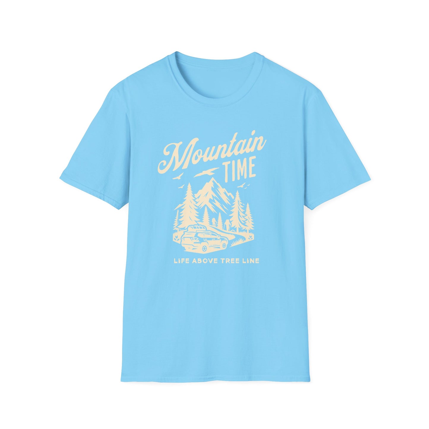 Mountain Time - Life Above Tree Line light blue graphic t-shirt depicting a Subaru heading up a mountain road.