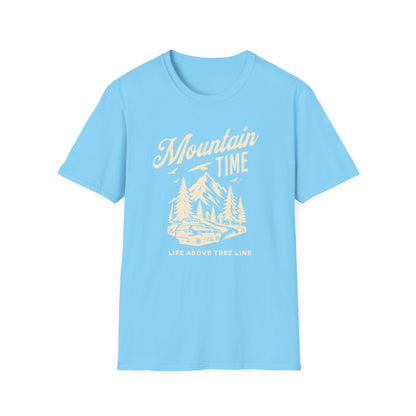 Mountain Time - Life Above Tree Line light blue graphic t-shirt depicting a Subaru heading up a mountain road.