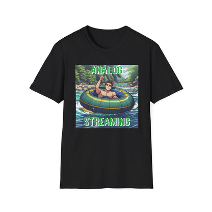 River tubing graphic t-shirt in anime style with analog streaming text, black shirt.