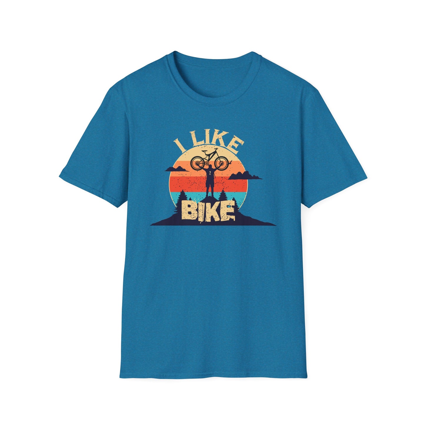 I like bike graphic t-shirt depicting a person holding a bike over their head on top of a hill with a retro sun in the background, shirt color sapphire blue.