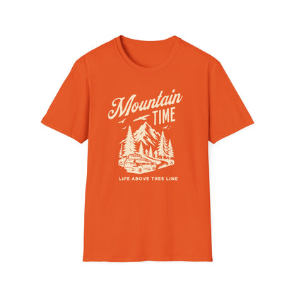 Mountain Time - Life Above Tree Line orange graphic t-shirt depicting a Subaru heading up a mountain road.