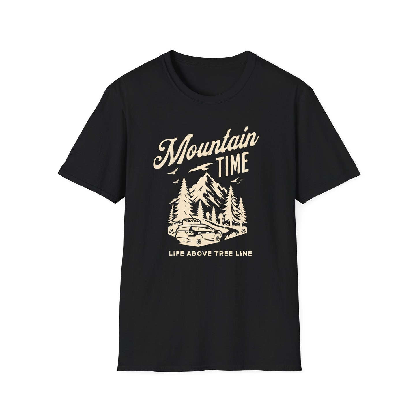 Mountain Time - Life Above Tree Line black graphic t-shirt depicting a Subaru heading up a mountain road.