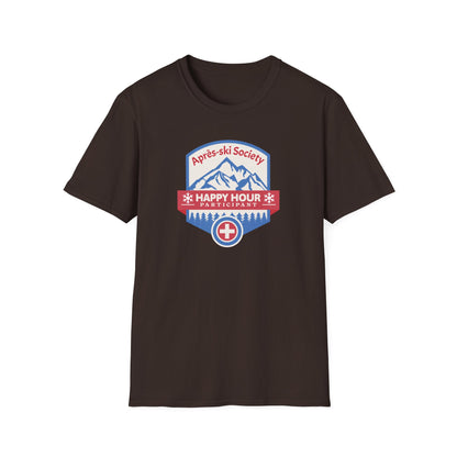 Dark chocolate colored graphic t-shirt with Swiss style emblem for the Apres-ski Society Happy Hour.