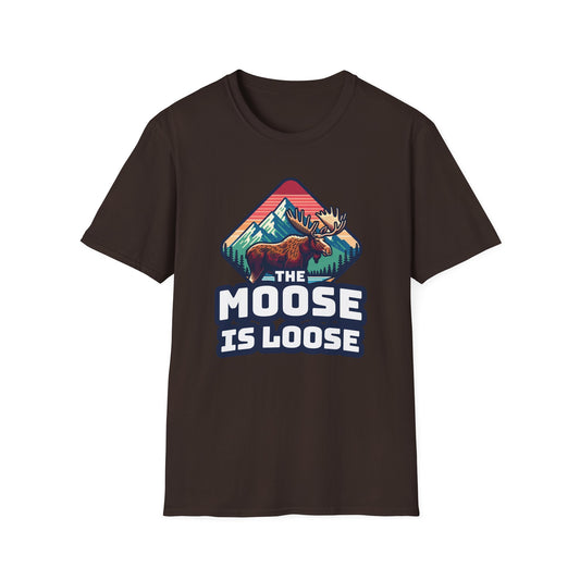 The Moose Is Loose graphic t-shirt in brown.