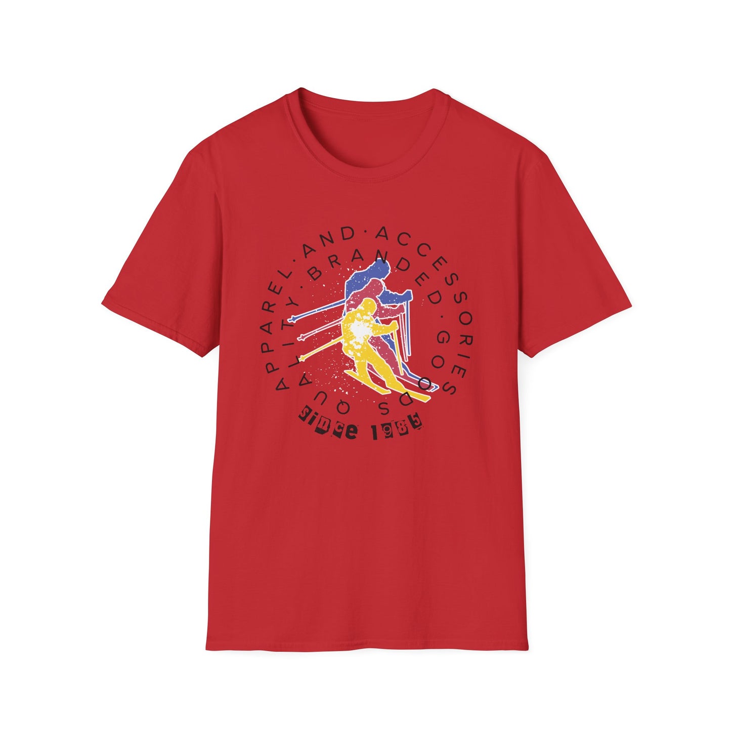 Red graphic t-shirt of '80s retro skier.