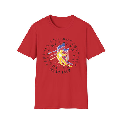 Red graphic t-shirt of '80s retro skier.