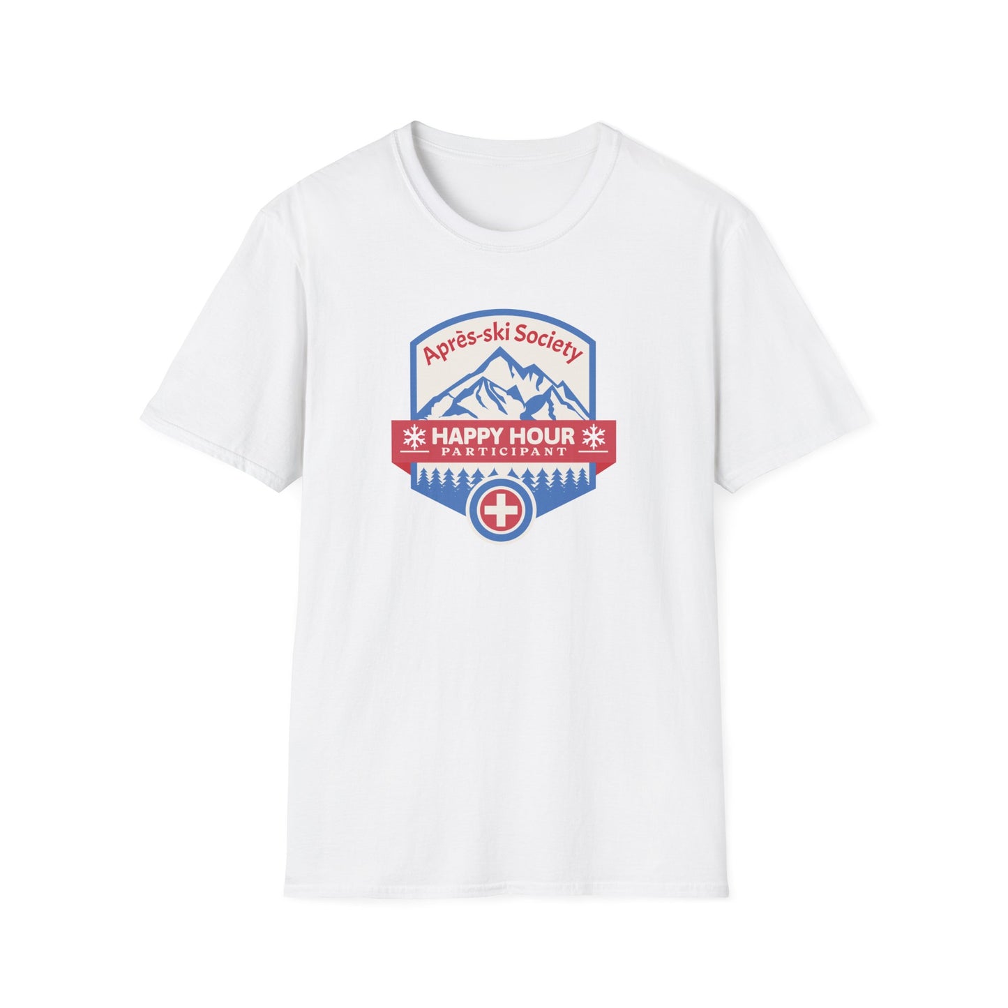 White graphic t-shirt with Swiss style emblem for the Apres-ski Society Happy Hour.