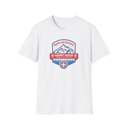 White graphic t-shirt with Swiss style emblem for the Apres-ski Society Happy Hour.