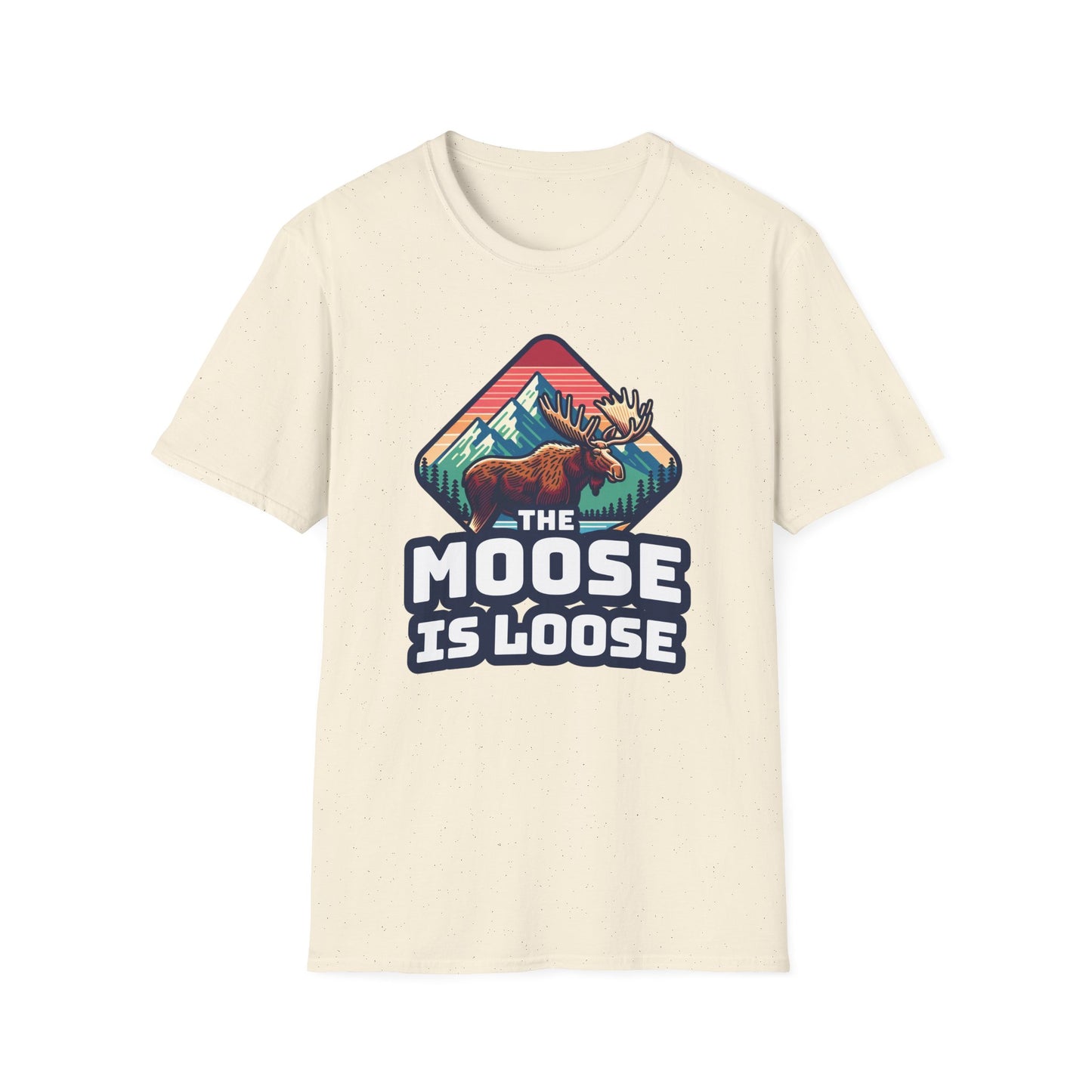 The Moose Is Loose graphic t-shirt in light beige.