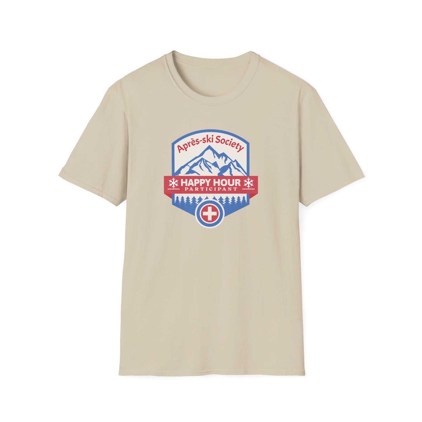 Sand colored graphic t-shirt with Swiss style emblem for the Apres-ski Society Happy Hour.