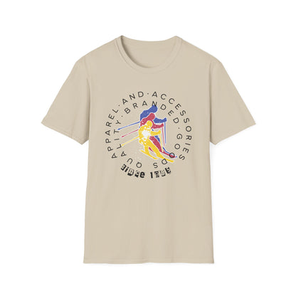 Beige graphic t-shirt of '80s retro skier.