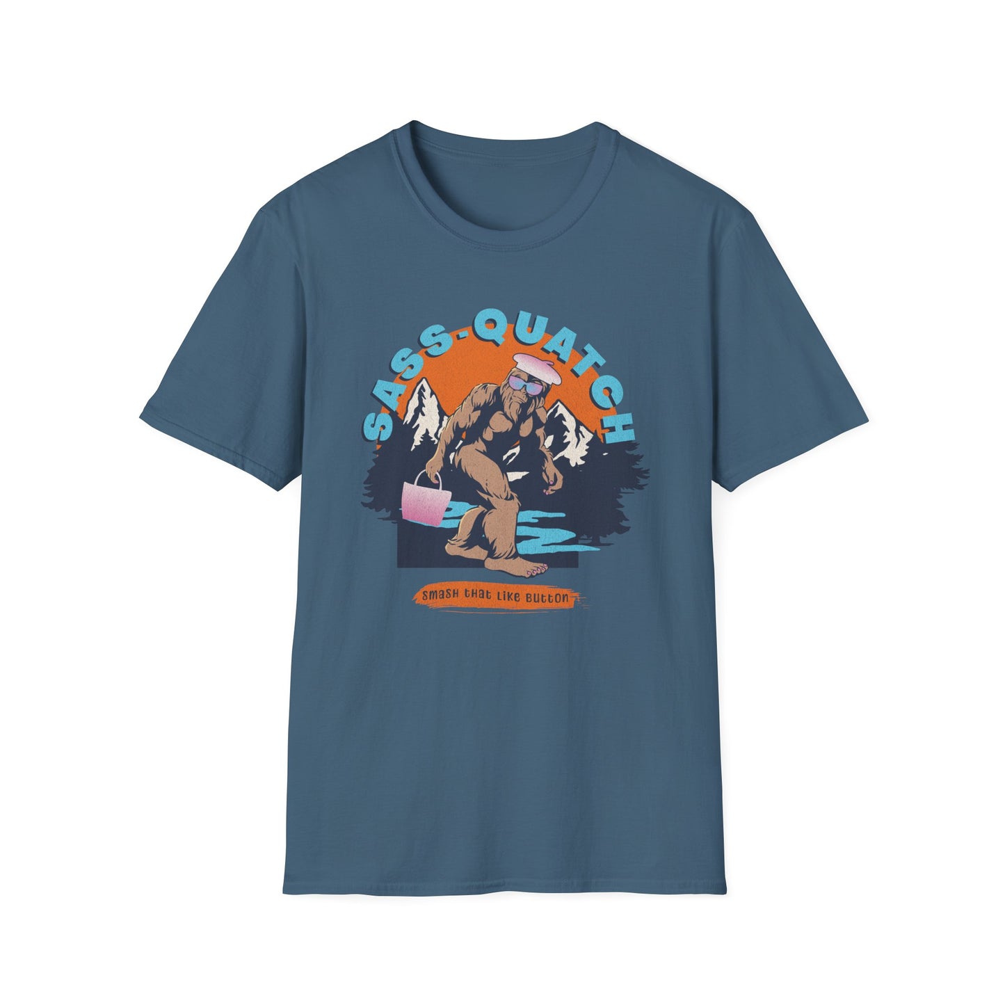 Steel blue Sass-quatch graphic t-shirt showing a stylish Big Foot walking by a mountain stream.