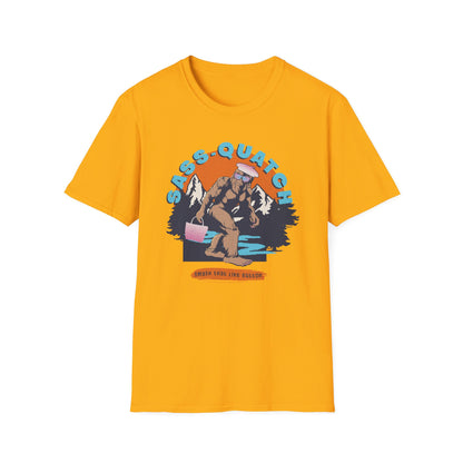 Yellow Sass-quatch graphic t-shirt showing a stylish Big Foot walking by a mountain stream.