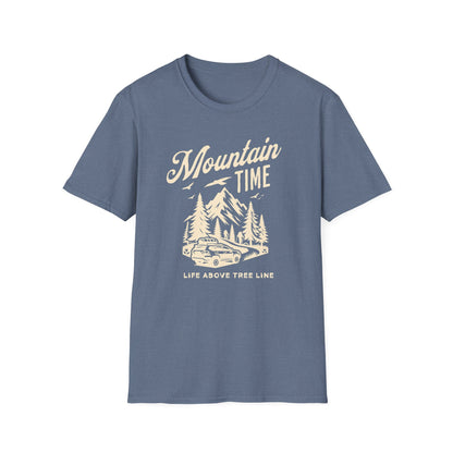 Mountain Time - Life Above Tree Line blue grey graphic t-shirt depicting a Subaru heading up a mountain road.