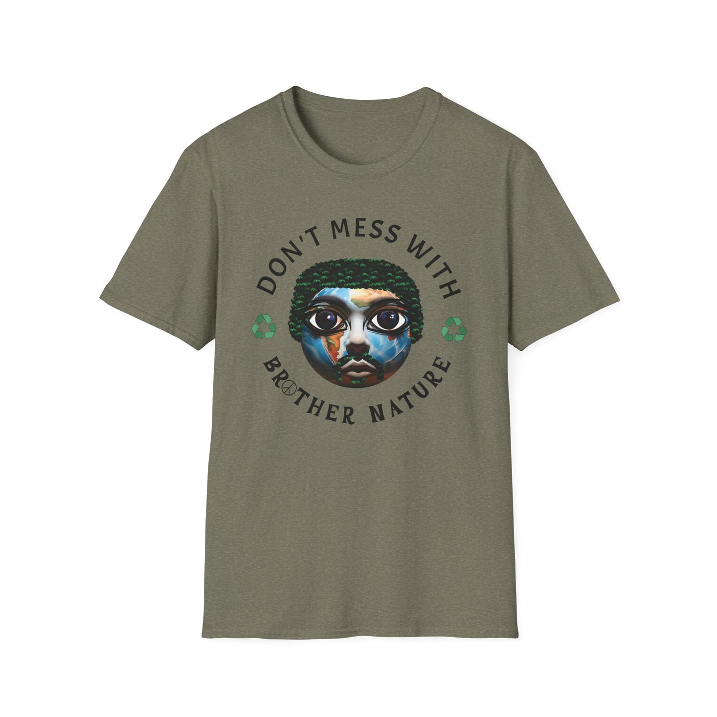 Don't Mess With Brother Nature graphic t-shirt in heather military green.