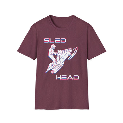 Sled Head snowmobiling graphic t-shirt in maroon.