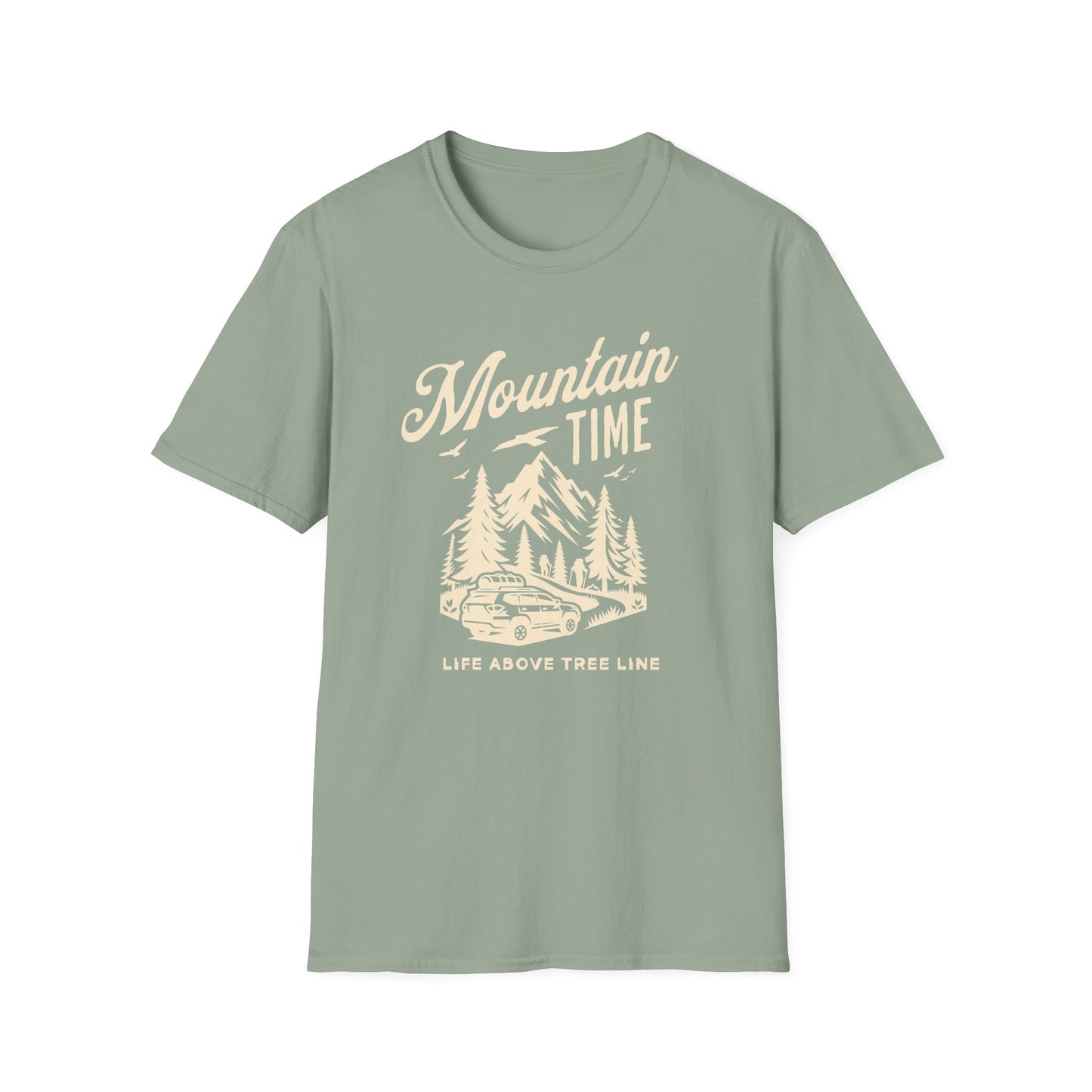 Mountain Time - Life Above Tree Line mint green graphic t-shirt depicting a Subaru heading up a mountain road.