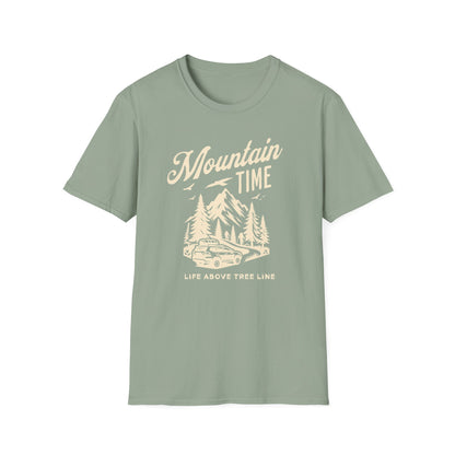 Mountain Time - Life Above Tree Line mint green graphic t-shirt depicting a Subaru heading up a mountain road.