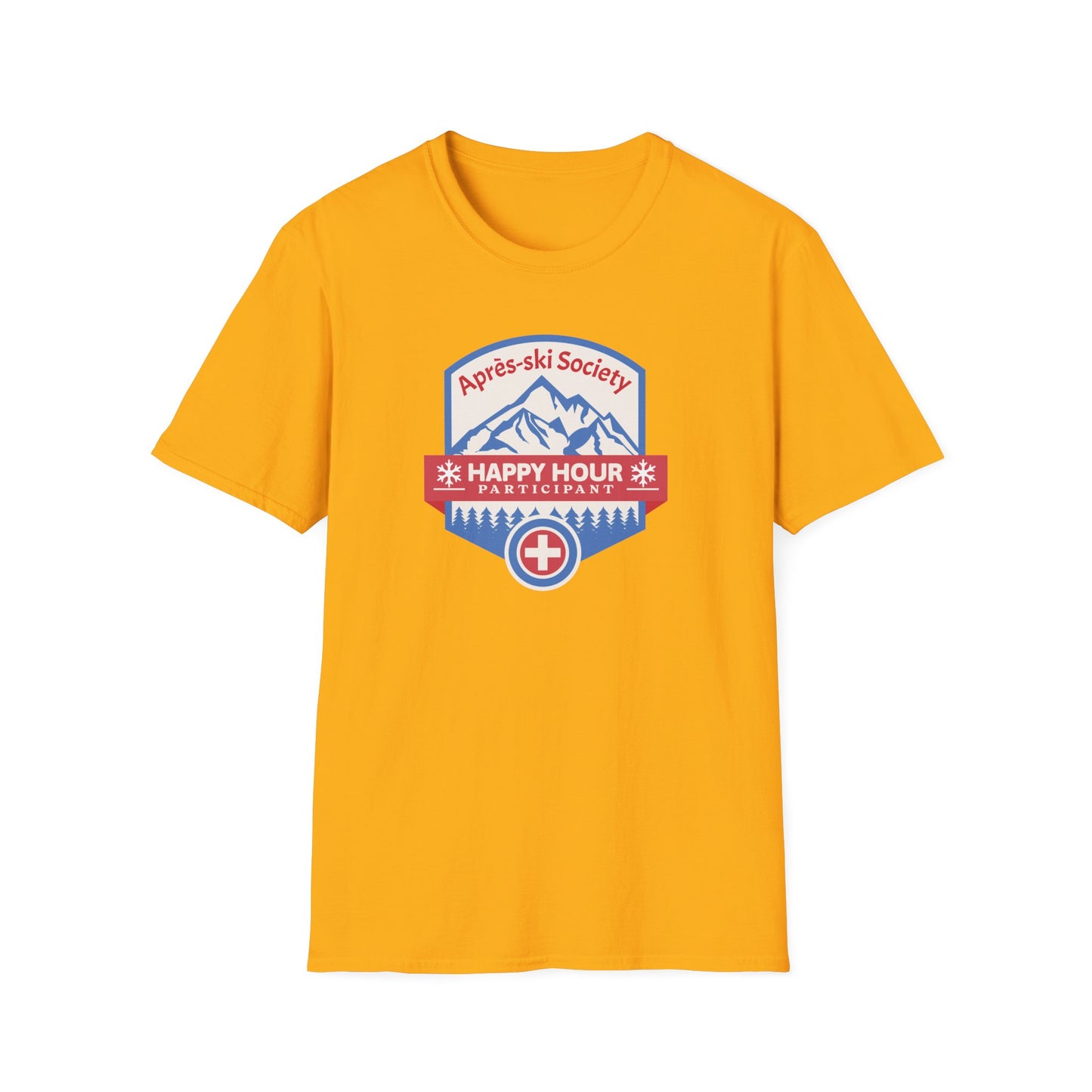 Gold colored graphic t-shirt with Swiss style emblem for the Apres-ski Society Happy Hour.