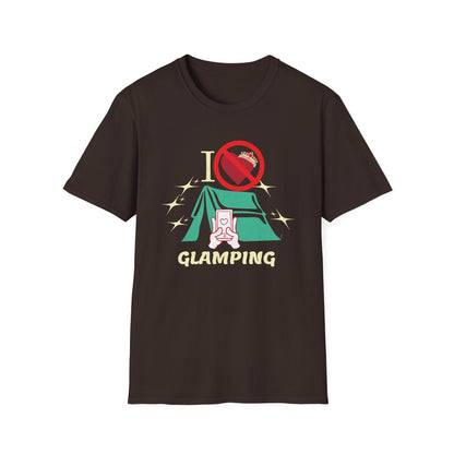 I Hate Glamping graphic T-shirt with fancy script, sparkles, and a tent on a dark brown shirt.