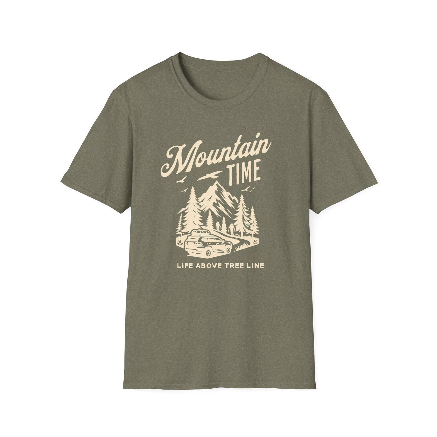 Mountain Time - Life Above Tree Line light green graphic t-shirt depicting a Subaru heading up a mountain road.