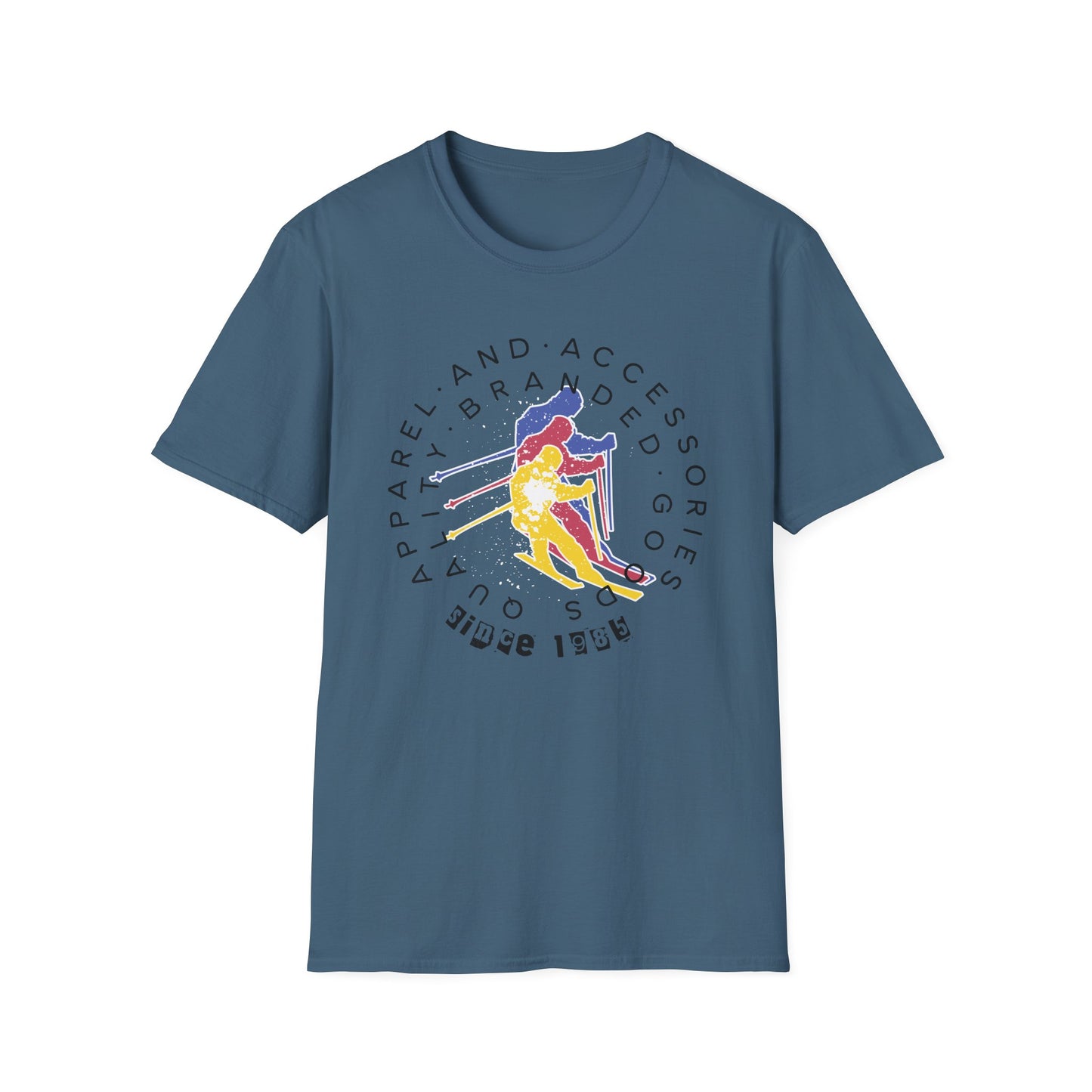 Deep steel blue graphic t-shirt of '80s retro skier.