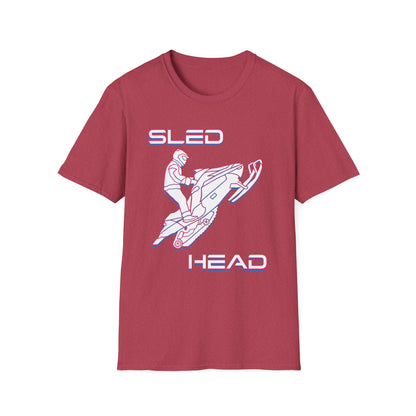 Sled Head snowmobiling graphic t-shirt in heather red.