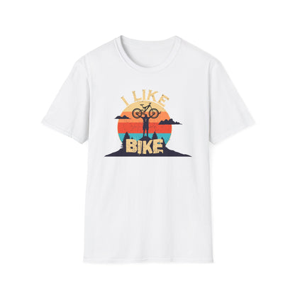 I like bike graphic t-shirt depicting a person holding a bike over their head on top of a hill with a retro sun in the background, shirt color white.