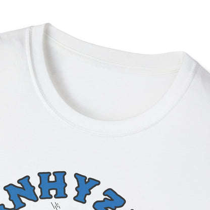 colloar close up of white disc golf t-shirt with grahic showing an anhyzer throw going into a bush, the text says anhyzer bush.