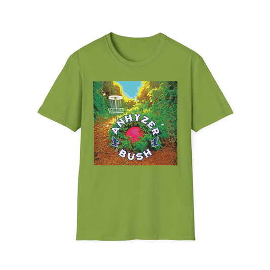 Kiwi green graphic T-shirt depicting a disc in a bush near a disc golf basket after an anhyzer throw.