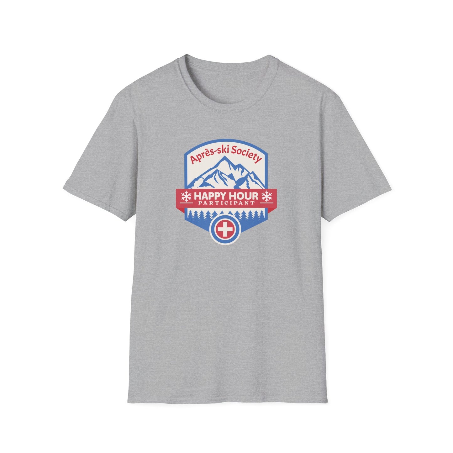 Sport grey colored graphic t-shirt with Swiss style emblem for the Apres-ski Society Happy Hour.