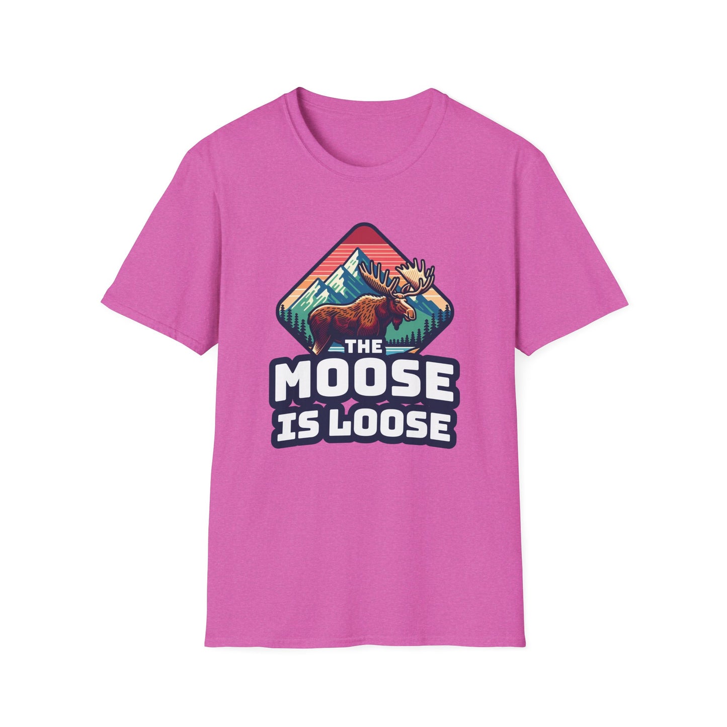 The Moose Is Loose graphic t-shirt in bright pink.