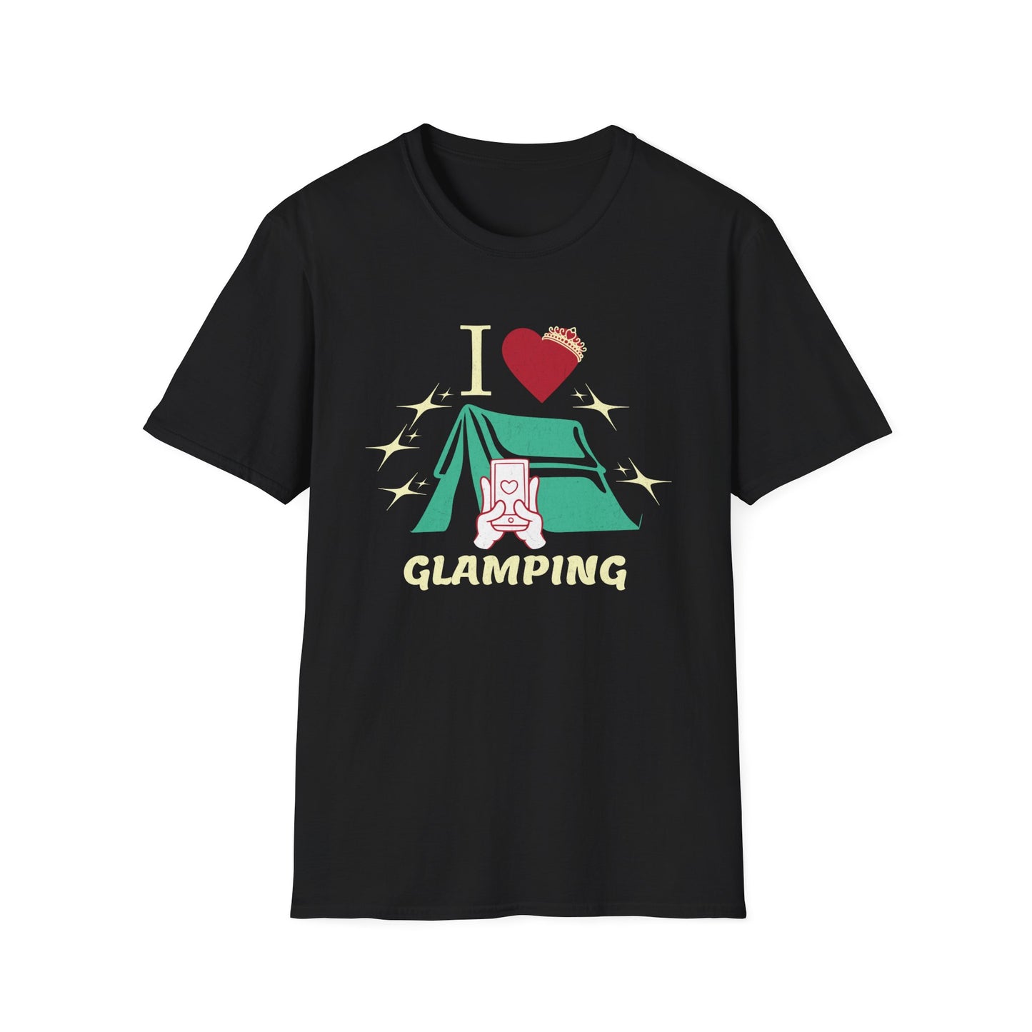 I Love Glamping graphic T-shirt with fancy script, a heart, sparkles, and a tent on a black shirt.