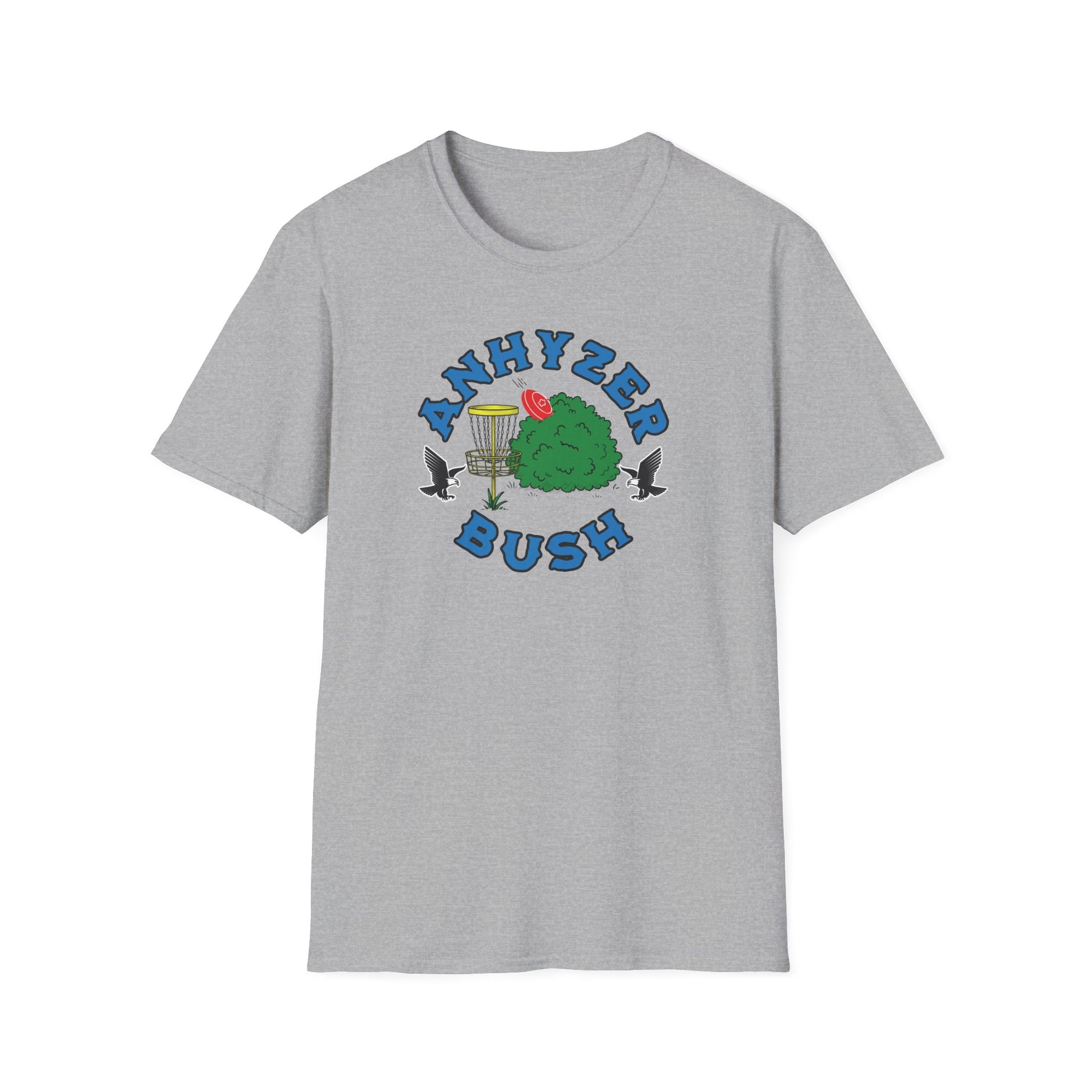 Grey disc golf t-shirt with grahic showing an anhyzer throw going into a bush, the text says anhyzer bush.