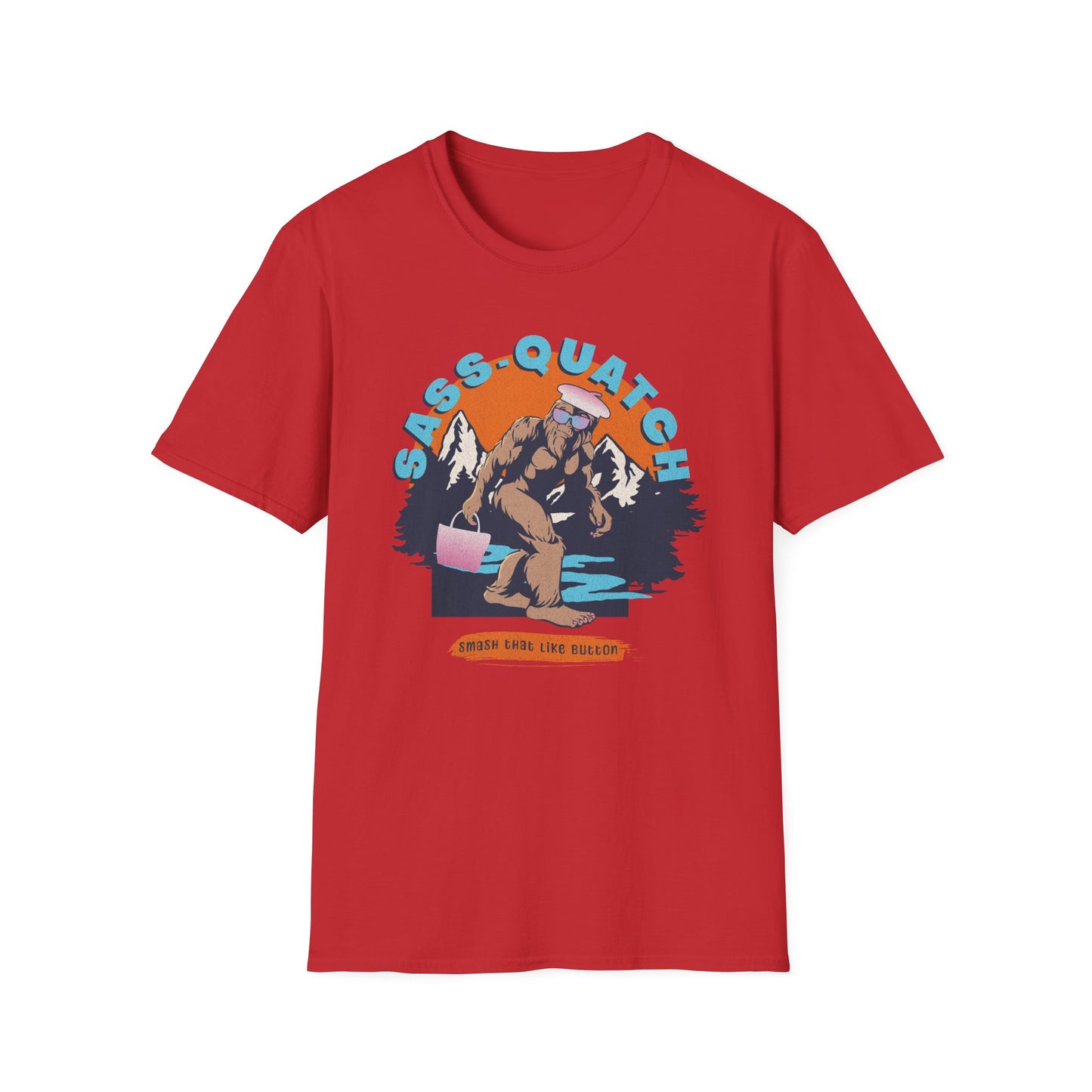 Red Sass-quatch graphic t-shirt showing a stylish Big Foot walking by a mountain stream.