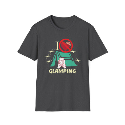 I Hate Glamping graphic T-shirt with fancy script, sparkles, and a tent on a dark grey shirt.