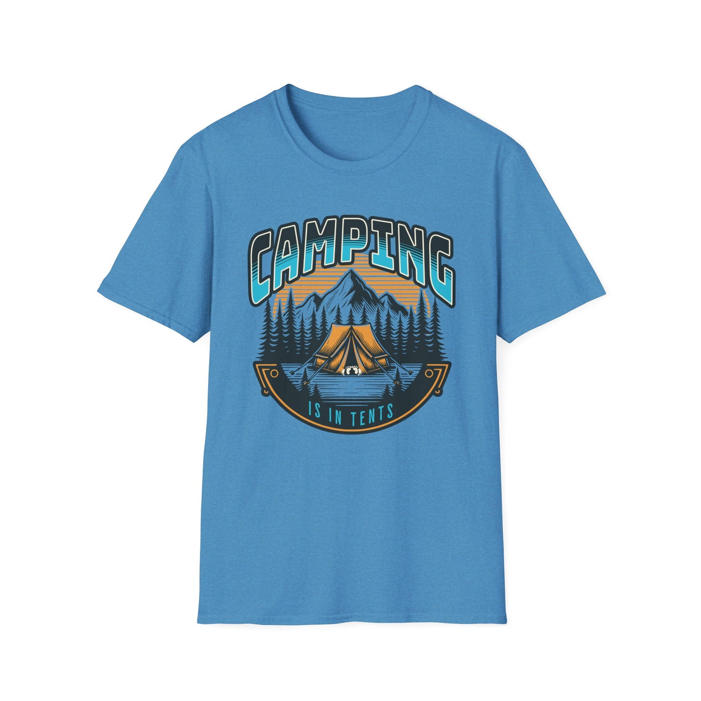 Heather sapphire graphic t-shirt depicting a couple in a tent in the mountains, text says camping is in tents.