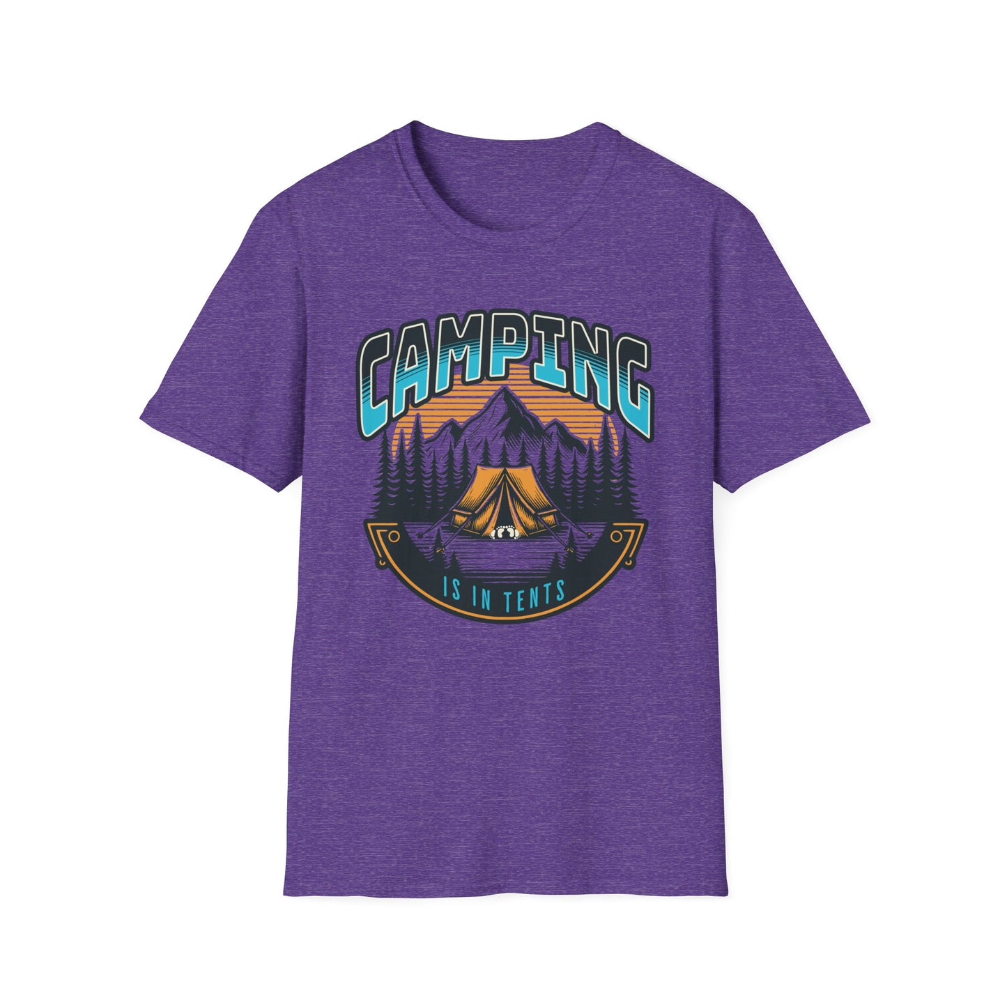 Heather purple graphic t-shirt depicting a couple in a tent in the mountains, text says camping is in tents.