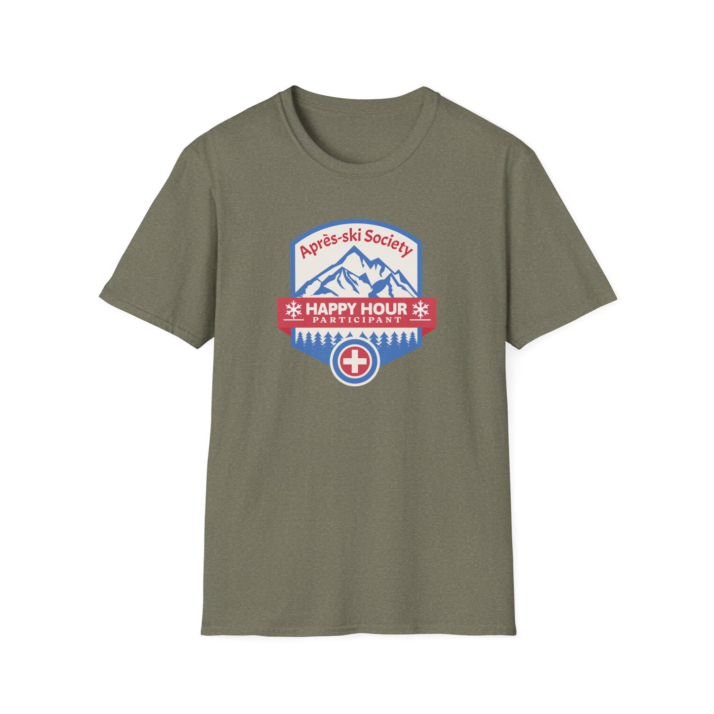 Heather military green graphic t-shirt with Swiss style emblem for the Apres-ski Society Happy Hour.