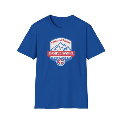 Royal Blue graphic t-shirt with Swiss style emblem for the Apres-ski Society Happy Hour.