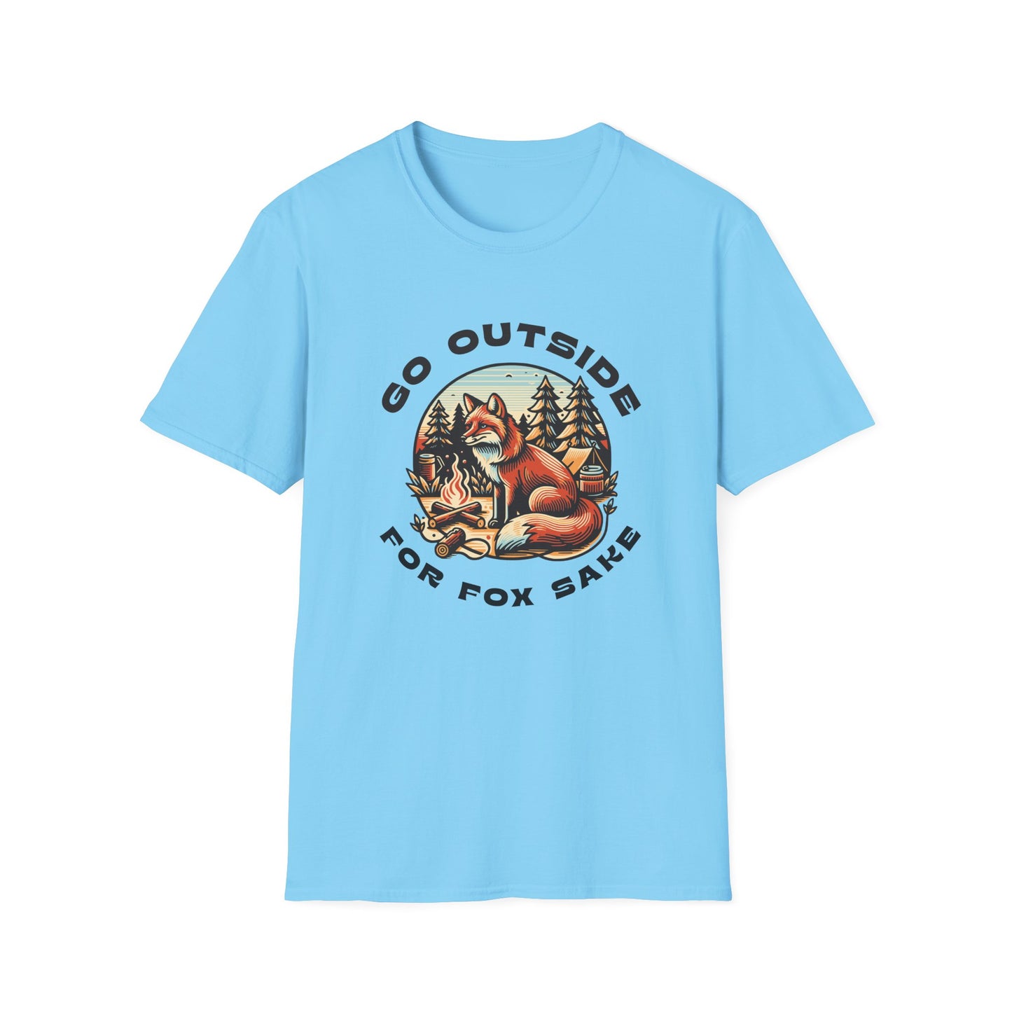 Go Outside for Fox Sake graphic t-shirt in light blue.