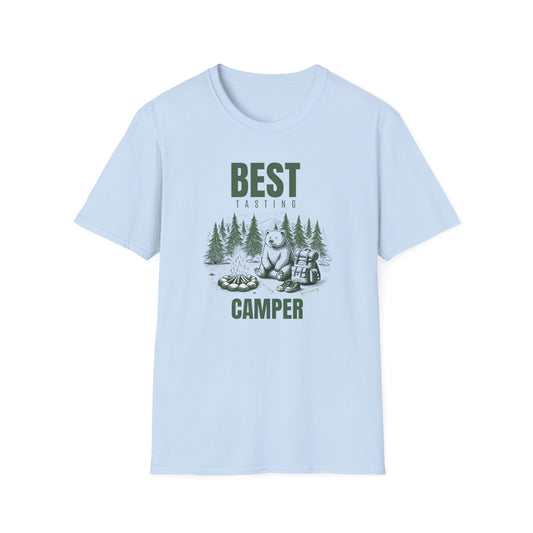 Light blue graphic t-shirt showing a bear sitting by a campfire near a pair of shoes, text says Best Tasting Camper.