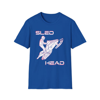 Sled Head snowmobiling graphic t-shirt in blue.