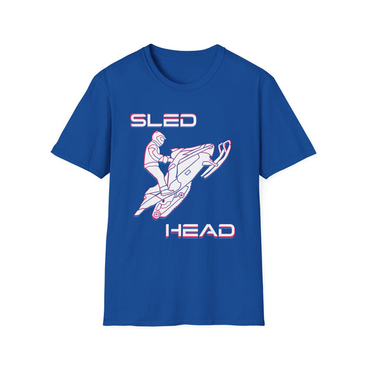 Sled Head snowmobiling graphic t-shirt in blue.