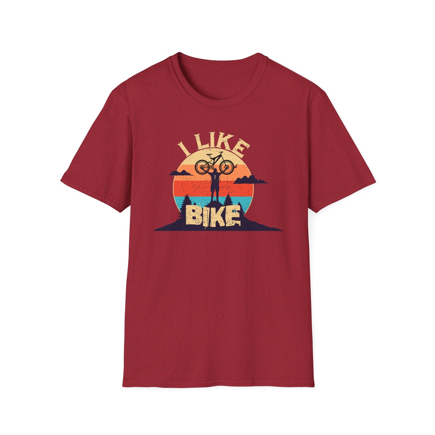 I like bike graphic t-shirt depicting a person holding a bike over their head on top of a hill with a retro sun in the background, shirt color deep red.