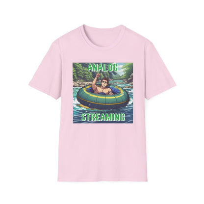River tubing graphic t-shirt in anime style with analog streaming text, light pink shirt.